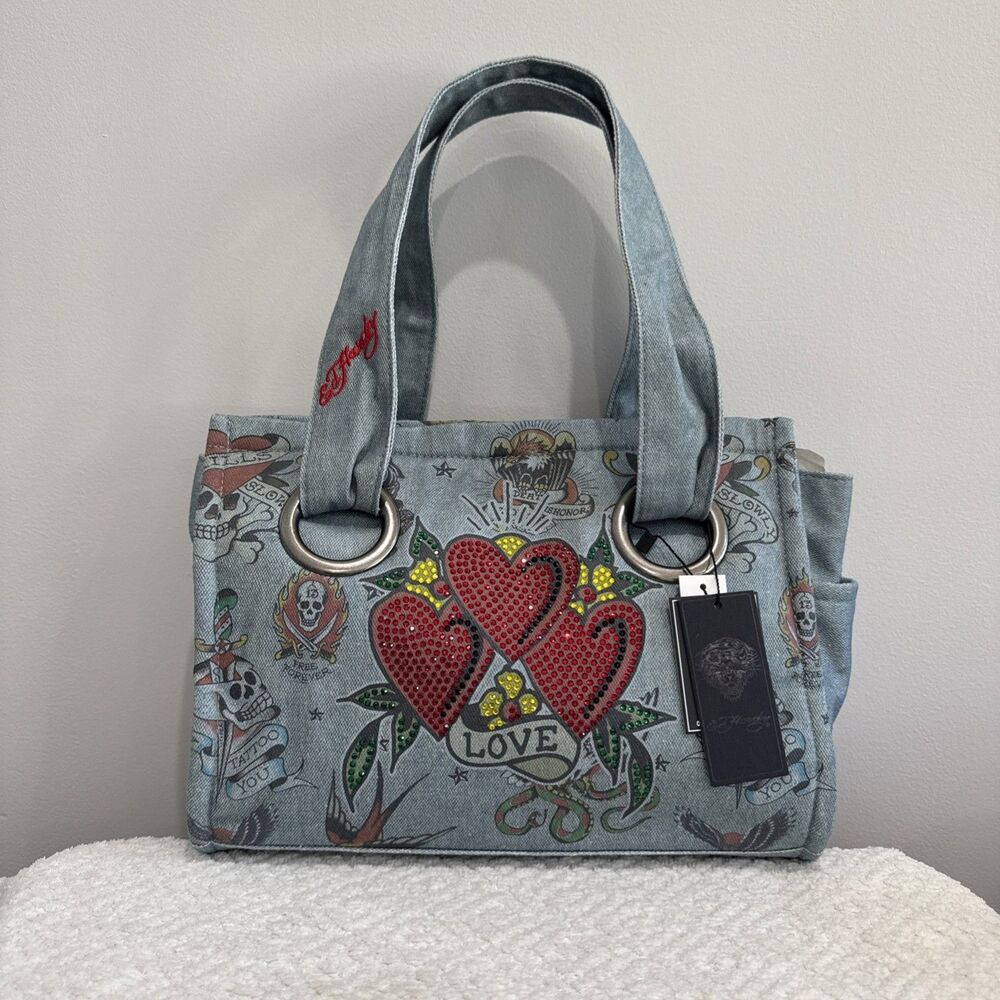 Ed Hardy Purse Rhinestone Heart Denim Tote Bag NWT Y2K Embroidered Skulls New